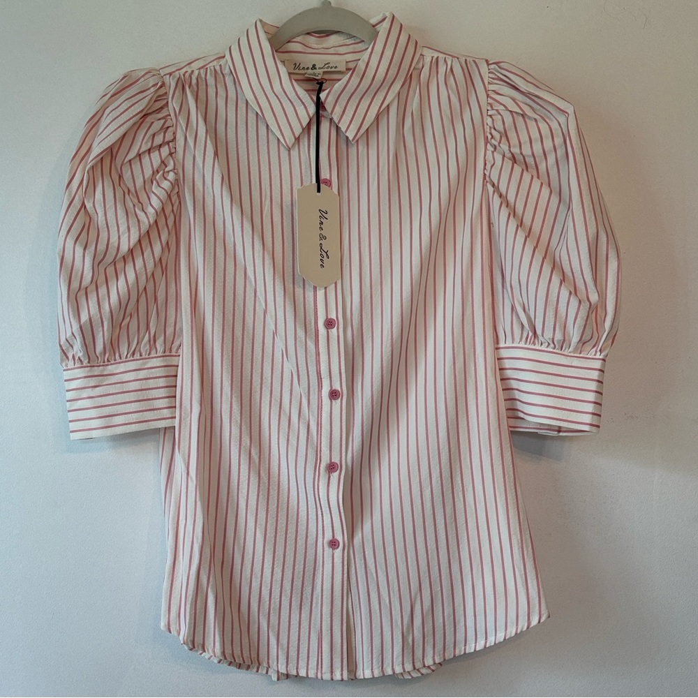 The Monroe Puff Sleeve Cream & Pink Blouse NWT Sz L